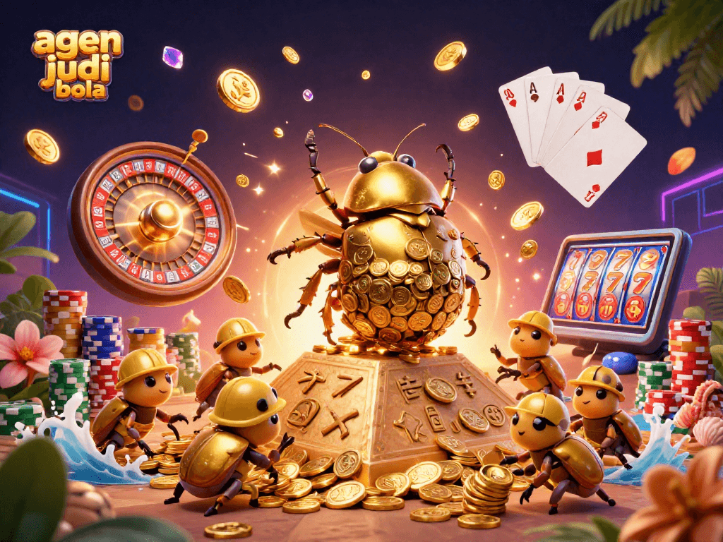 Experience agen judi bola excitement with golden coins, spinning roulette, and vibrant gaming elements.