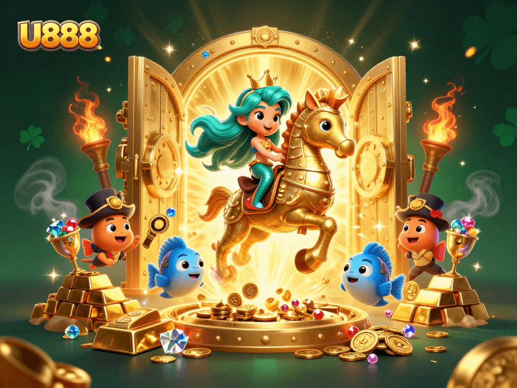 Join the exciting U888 gaming adventure with vibrant characters and treasure amidst a lavish casino backdrop.