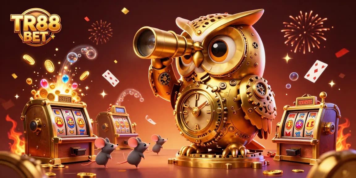Engage in thrilling gaming moments at TR88 BET, featuring vibrant casino elements and a dazzling owl mascot.