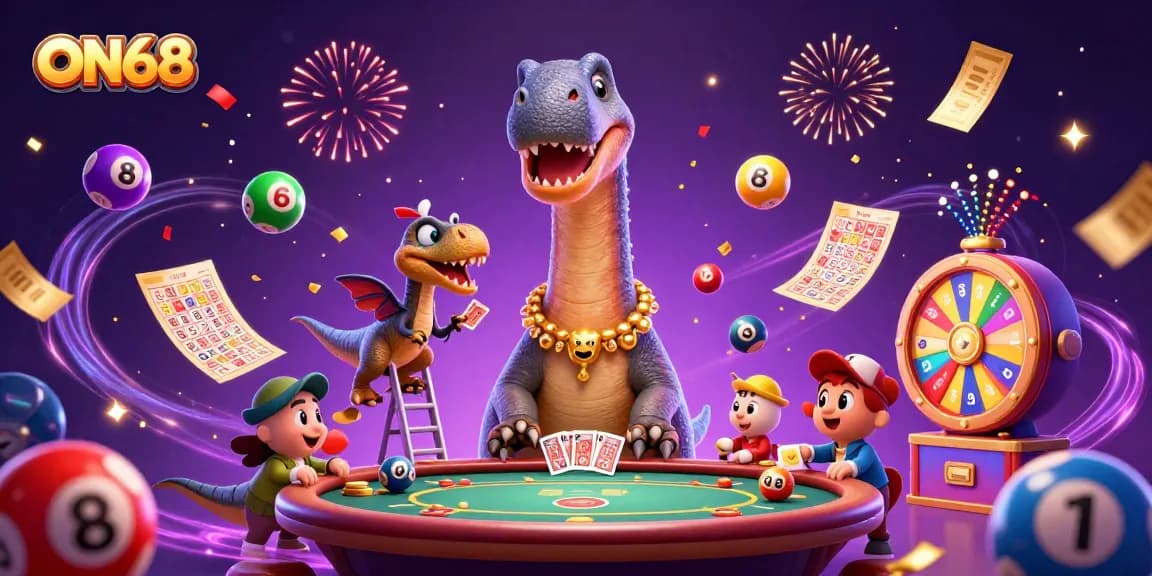 Experience the excitement of ON68 with unique gambling elements in a vibrant 3D illustration.