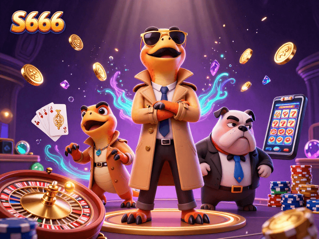 Experience thrilling moments at S666 with raptors sneaking into a VIP casino lounge surrounded by coins and gems.