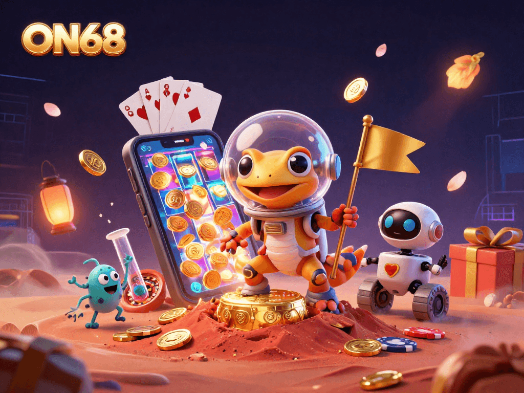 ON68 Martian gecko and robot rover explore a golden casino with vibrant slot games and joyful alien bacteria.
