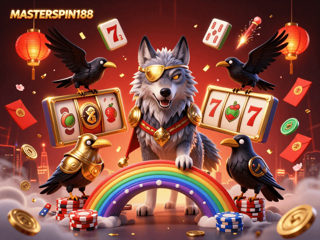 Experience the excitement of MASTERSPIN188 with this vibrant 3D illustration showcasing a golden eye-patched Odin wolf and riches.