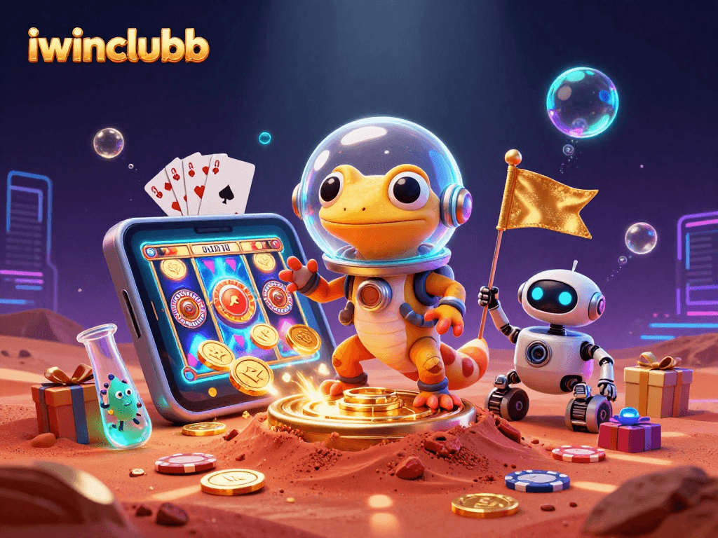 Play slots and win at iwinclubb's alien casino with Martian gecko and robot sidekick.