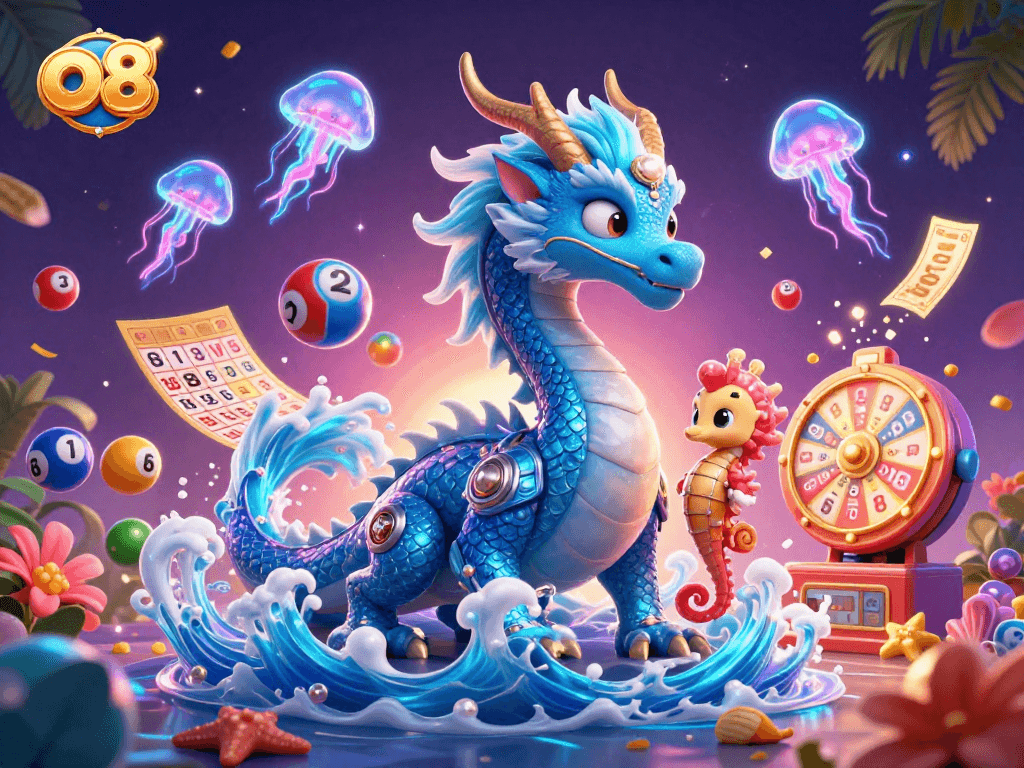 Engage in exciting games at o8 with colorful lottery elements, a dragon, and jellyfish in a festive scene.