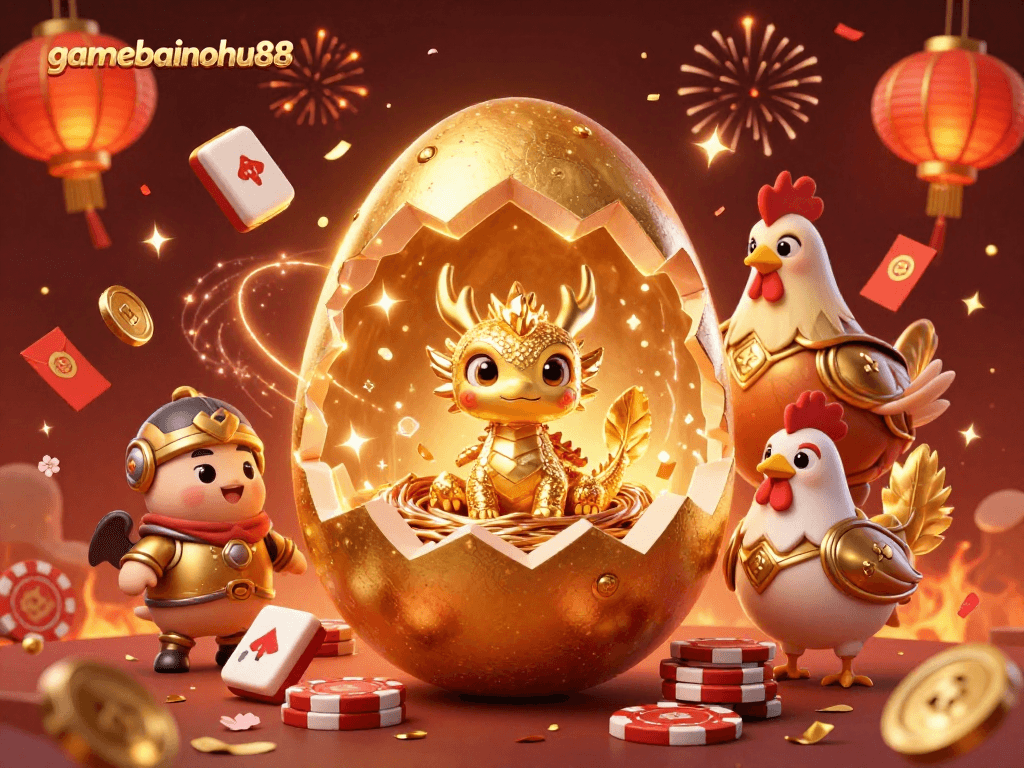 Experience thrilling gameplay at gamebainohu88 with golden dragon emerging from poker chips, surrounded by festive elements.