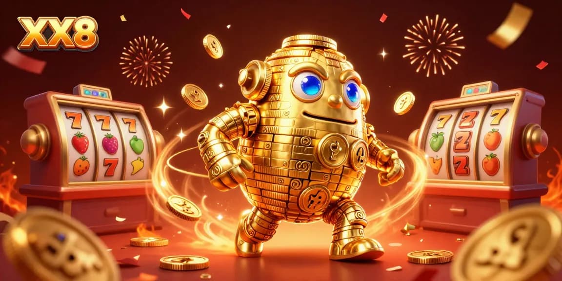 Win big with XX8 at an exciting online casino featuring dynamic slot symbols and a golden golem.