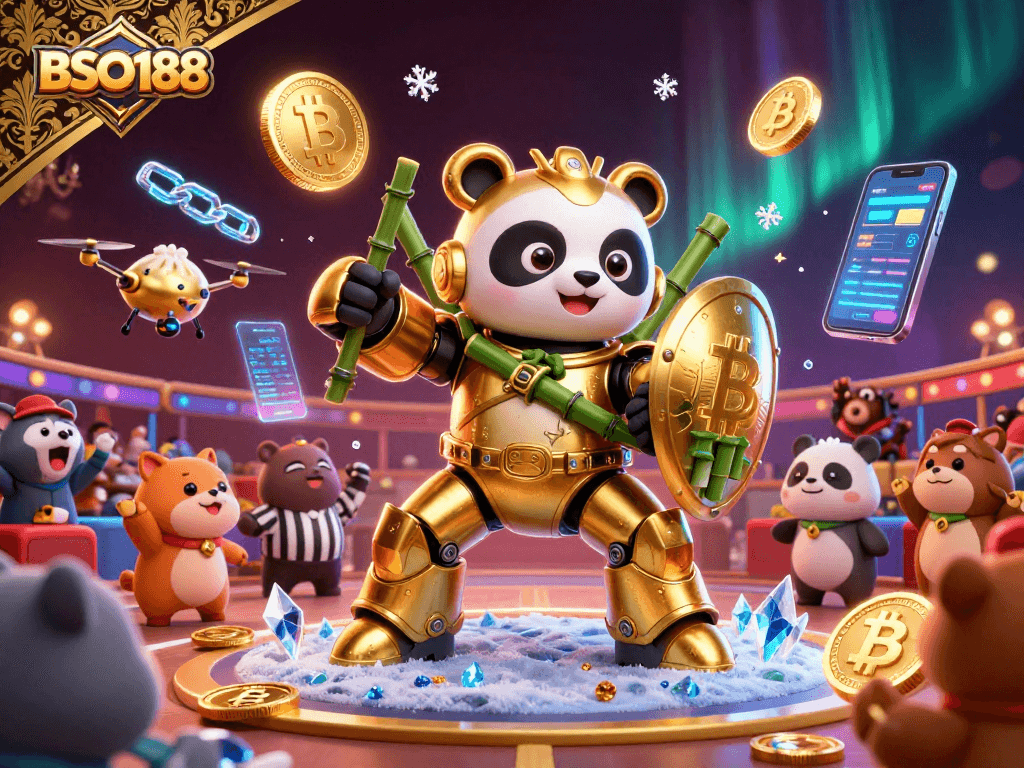 Experience the thrilling action at BSO188 with a golden panda mech fighting for victory in a packed arena.