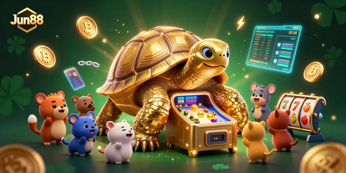 Experience the thrilling Jun88 gaming scene with animated golden tortoise, slot reels, and crypto elements