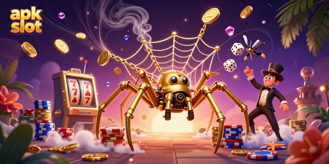 Menang di apk slot dengan gulungan mesin slot dan simbol keberuntungan, dikelilingi koin emas dan chip poker.