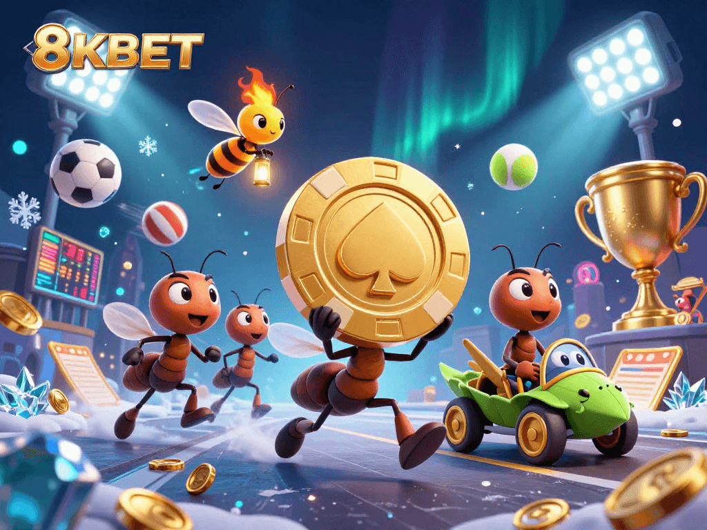 8KBET ants on a heist with a giant poker chip amidst vibrant sports elements and dynamic action.