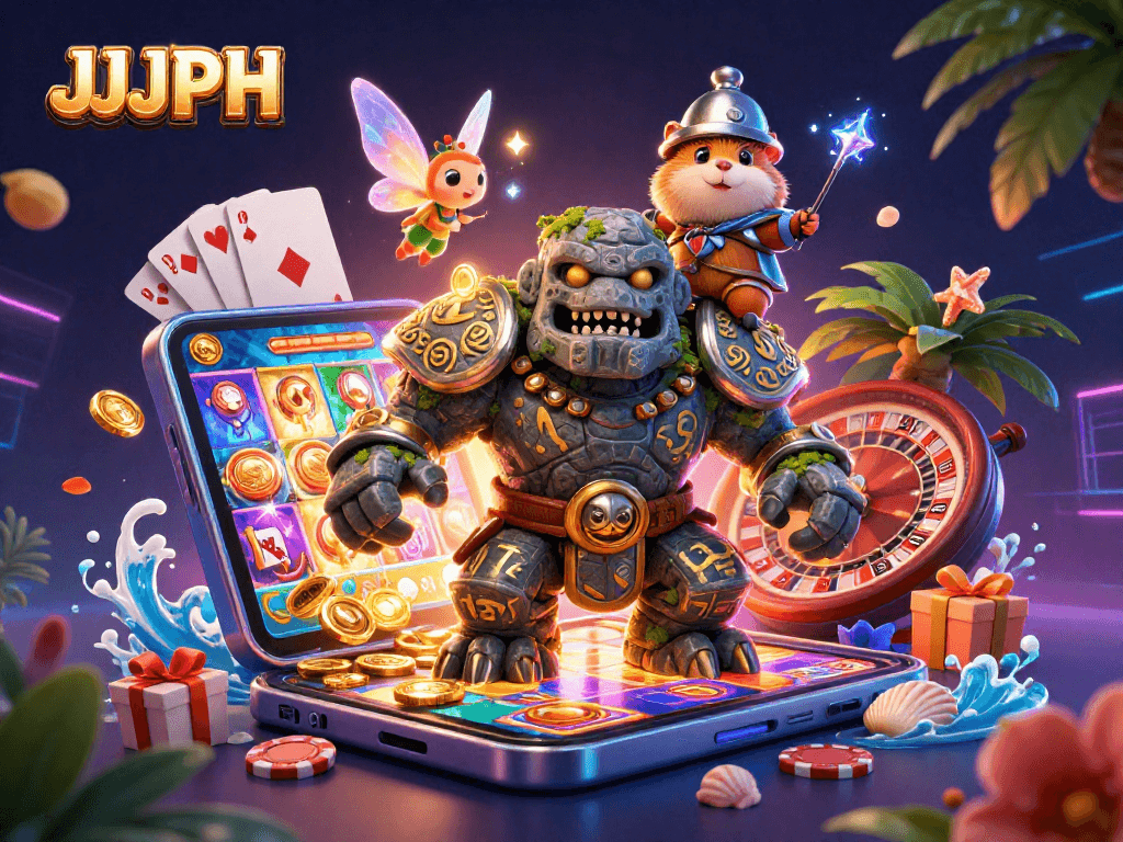 Naglalaro ng mga slot games ang JJJPH sa isang masiglang eksena na may mga alon ng gintong barya.