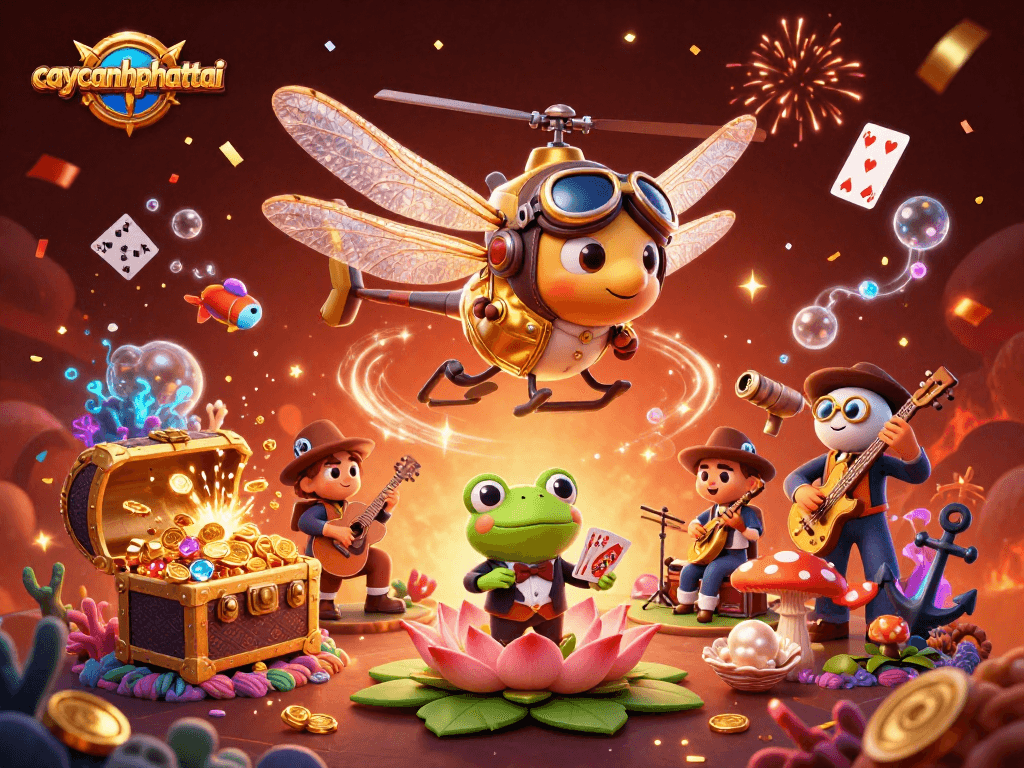 Experience thrilling gameplay with caycanhphattai, vibrant dragonfly pilot and frog croupier in a casino scene.