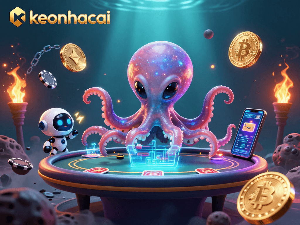 Interact with keonhacai's alien octopus dealer at a cosmic casino poker table amidst crypto coins.