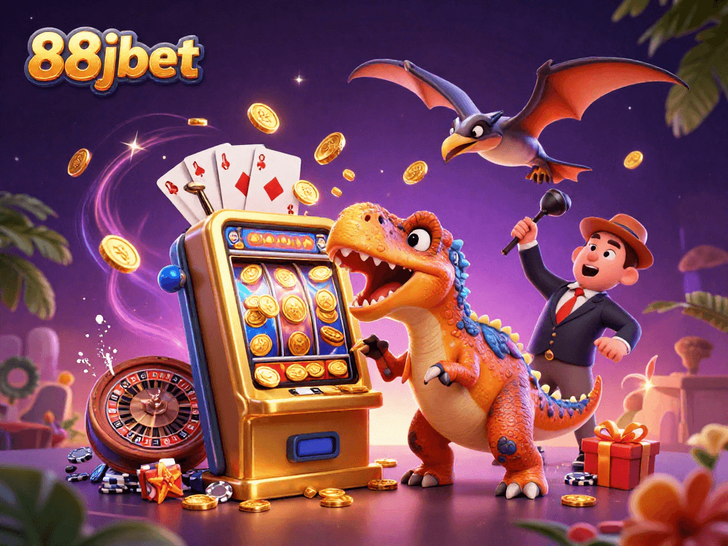 88jbet shows a cartoon dinosaur celebrating as a golden slot machine spills coins in a vibrant casino.