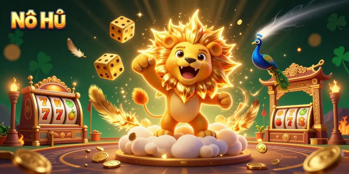 Nổ Hũ: Experience vibrant casino thrills with our dynamic 3D illustration featuring slot games, golden dice, and lively characters.
