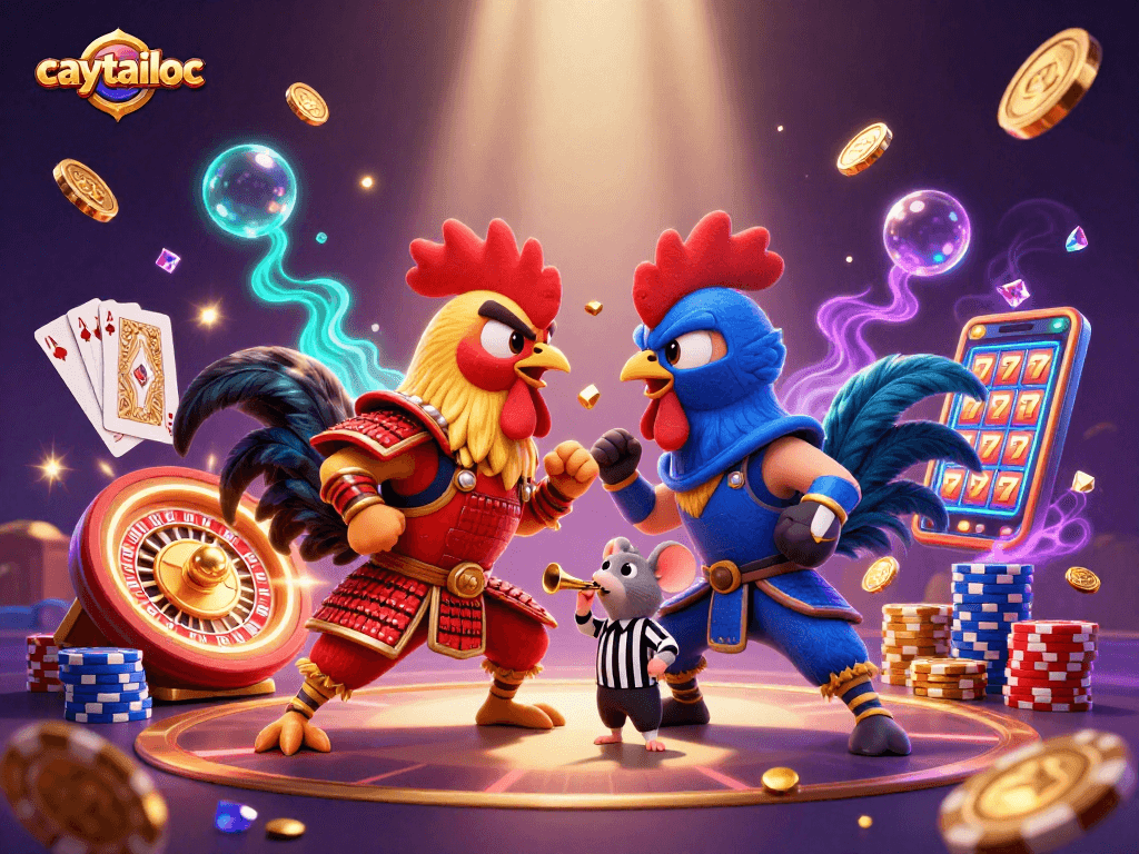 Experience thrilling gameplay at caytailoc with dynamic 3D characters and vibrant casino elements surrounding a dramatic standoff.