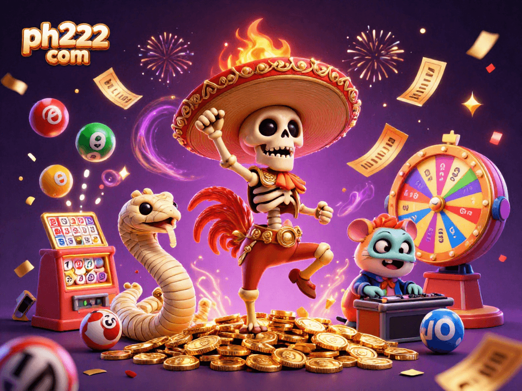 Experience excitement with ph222 com showcasing a vibrant casino celebration scene filled with lively characters and game elements.
