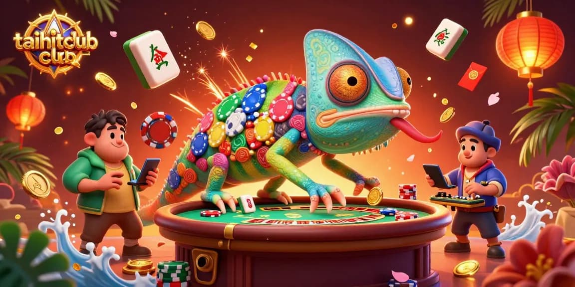 Experience the thrilling energy of taihitclub with a giant chameleon owner amidst casino excitement.