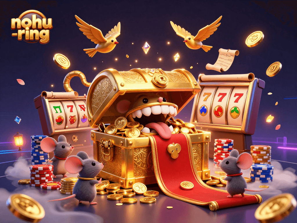 Experience thrilling wins in nohu-ring with cascading coins and vibrant slot reels showcasing lucky symbols.