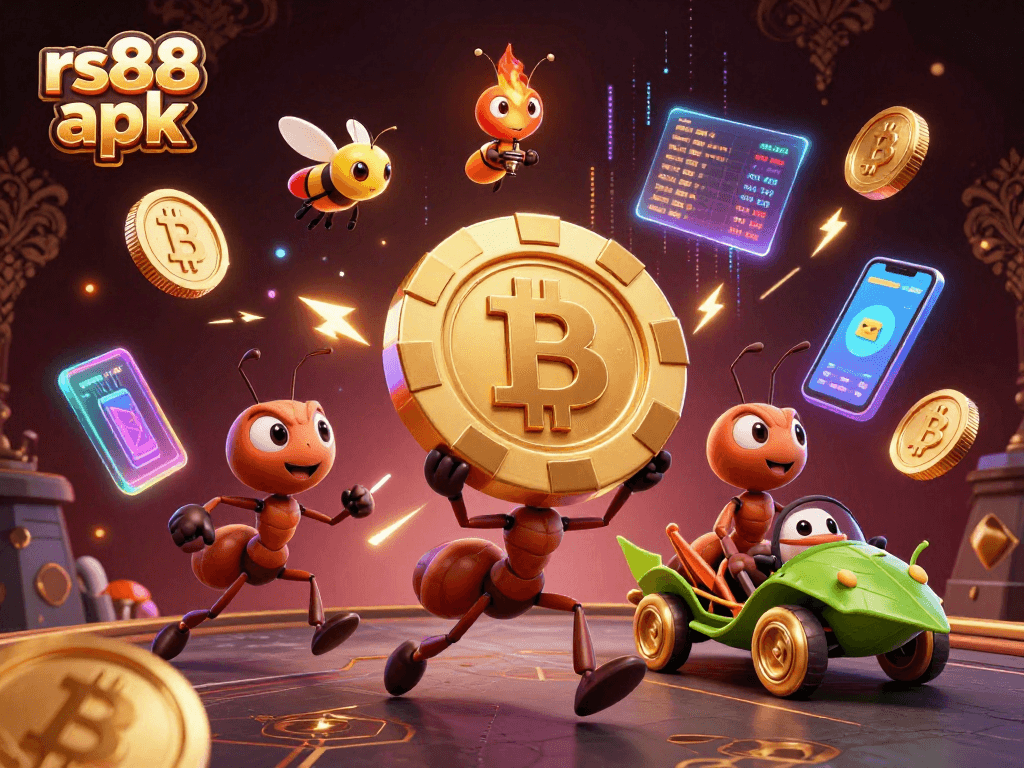 Experience thrilling gameplay with the rs88 apk as ants secure a giant poker chip in a vibrant 3D scene.