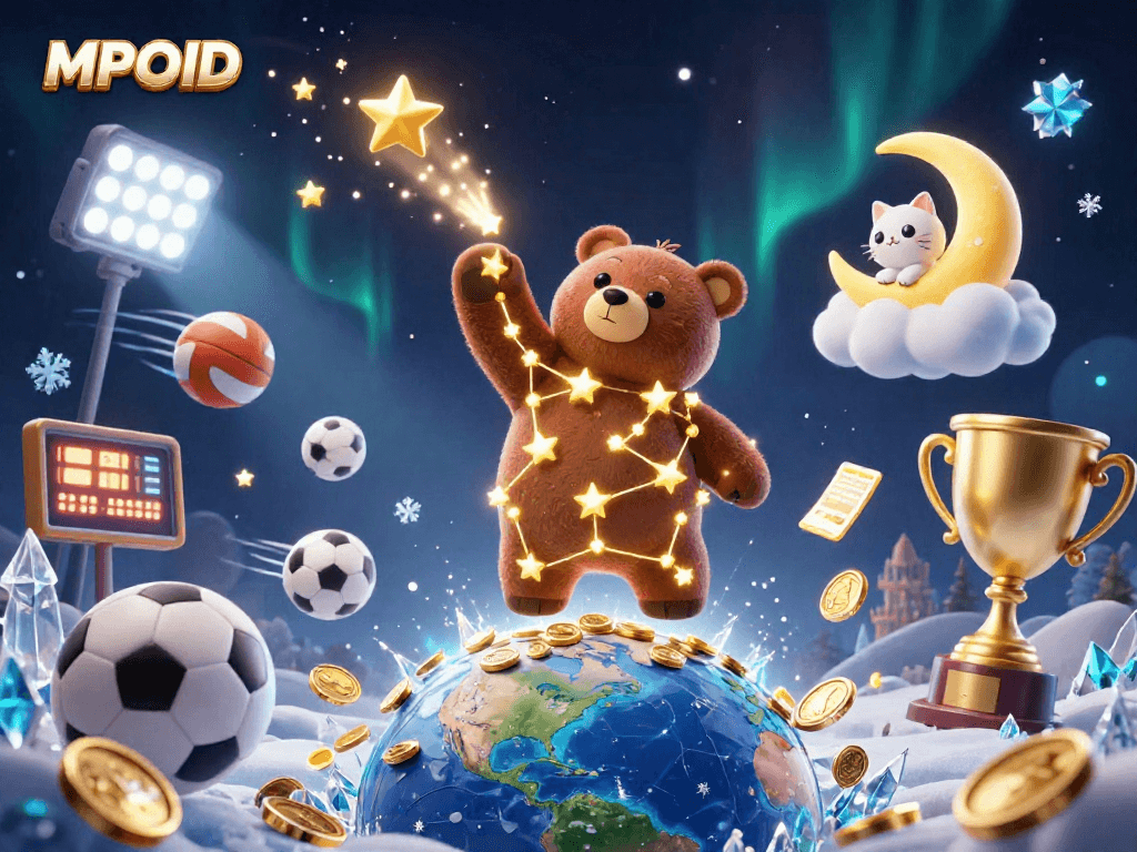Experience the excitement of MPOID through a captivating 3D digital illustration with dynamic gaming elements.