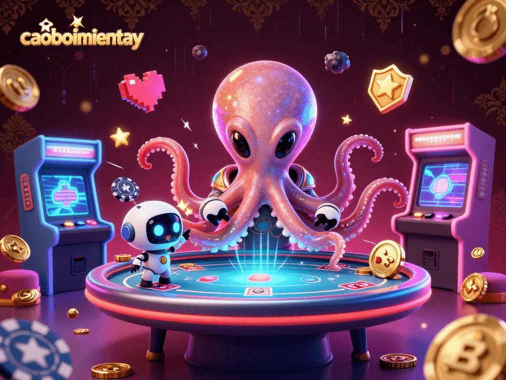 Engage in thrilling gameplay with caoboimientay as an alien octopus operates a holographic poker table.