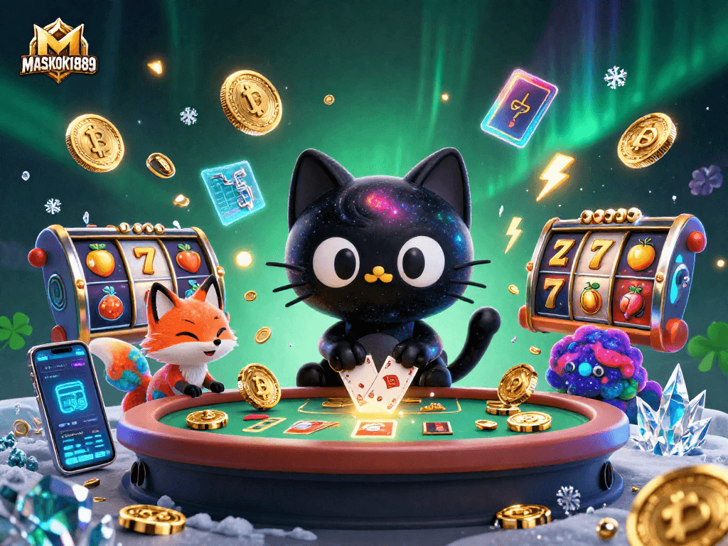 Experience MASKOKI889's vibrant cosmic casino scene, with a black hole cat and nebula fox amidst golden chips.