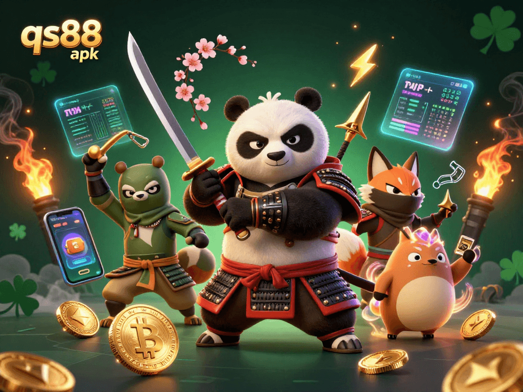 Engage in thrilling gaming adventures with qs88 apk, featuring animated characters and glittering crypto elements.