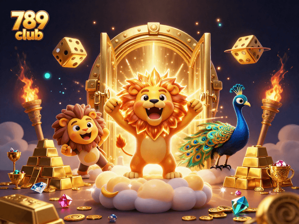 Engage with the vibrant world of 789 club, featuring a roaring sun lion and dazzling casino elements