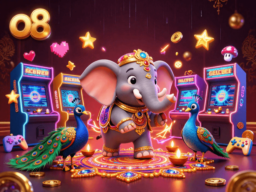 Engage with the vibrant o8 online gaming experience, featuring an ornate elephant and dynamic game elements in a rich casino scene.