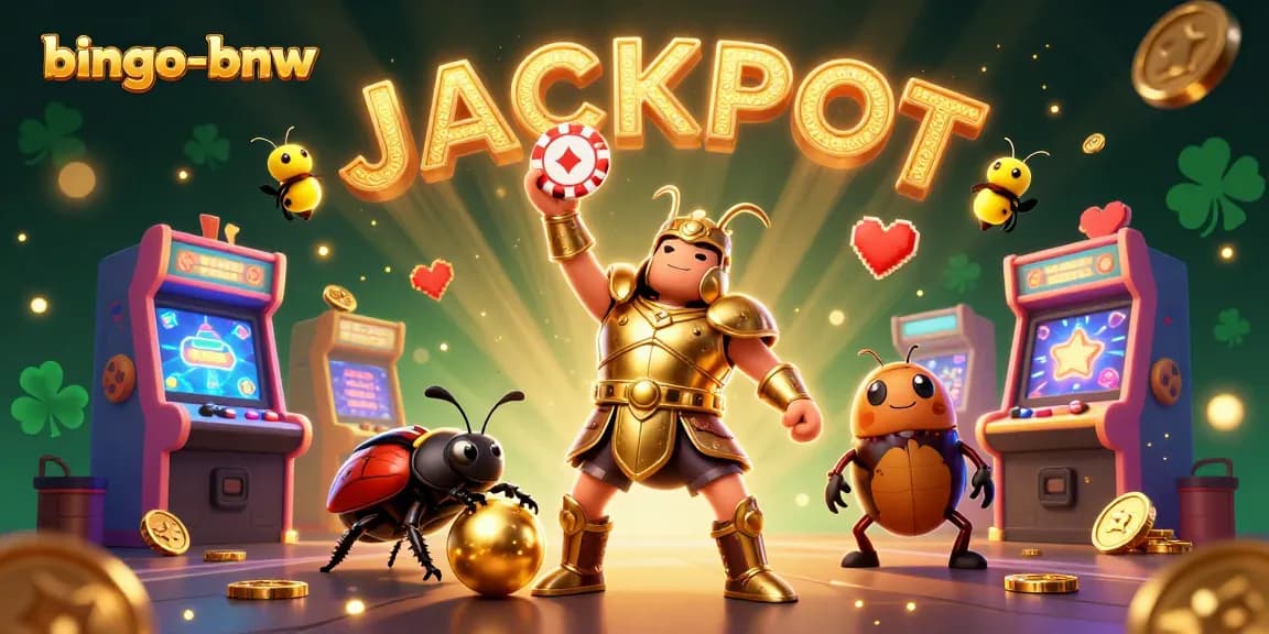 Bingo-bnw players lifting a poker chip while enjoying vibrant game elements and golden jackpots around.
