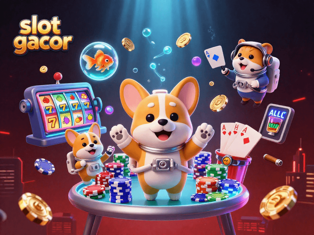 Slot gacor dalam ilustrasi 3D, korgi astronaut, hamster, dan ikan dalam kasino luar angkasa.