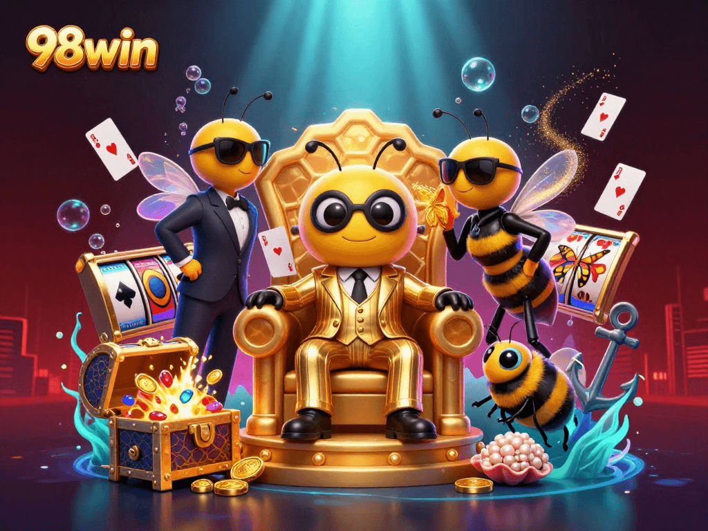 Explore thrilling wins at 98win with this colorful casino character illustration.