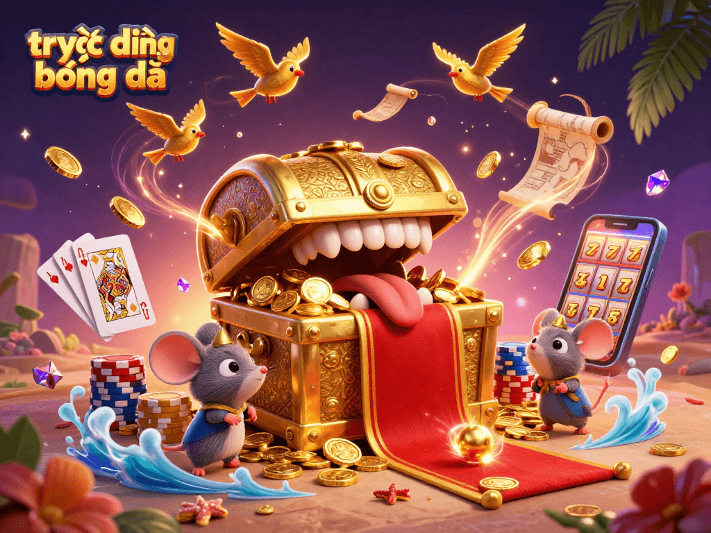 Experience trực tiếp bóng đá excitement with vibrant 3D cartoon treasure chest and dynamic casino elements.