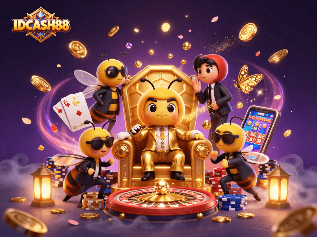 Engage with IDCASH88's vibrant casino world featuring a mob boss and treasures.