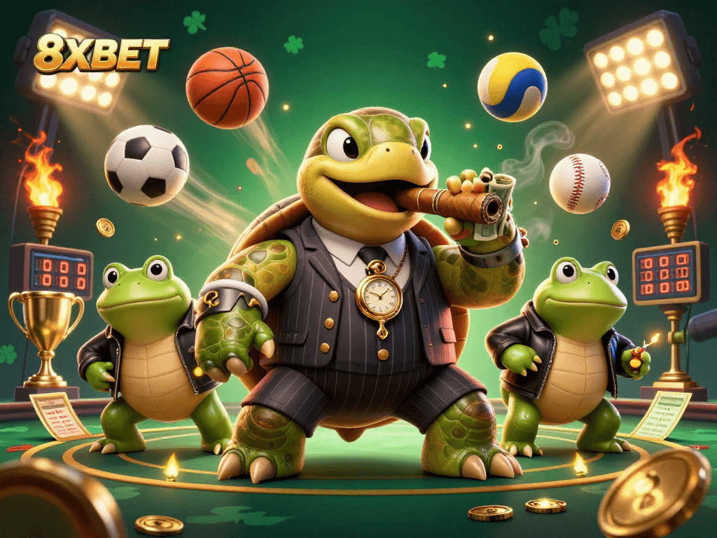 Engage in thrilling gaming at 8XBET with dynamic casino action featuring a turtle mobster.