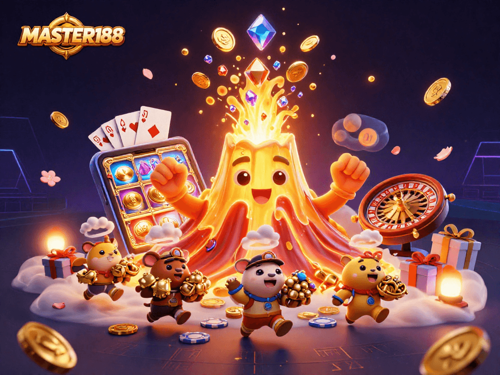 Engage with the MASTER188 golden volcano erupting coins and treasures in a vibrant casino illustration.
