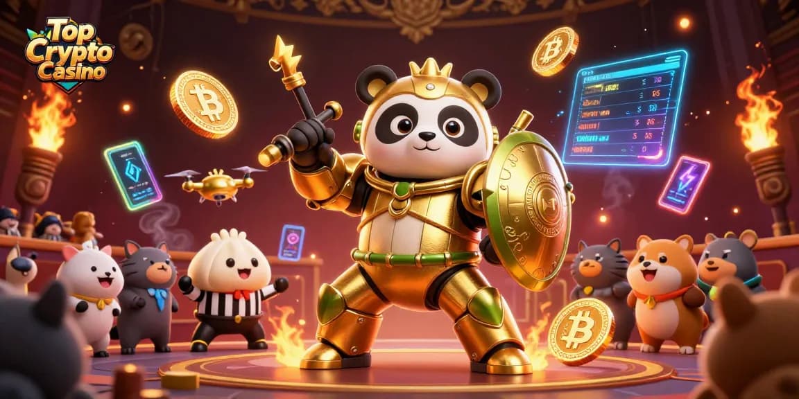 Top Crypto Casino showcasing a vibrant 3D battle arena with panda robot and crypto elements.