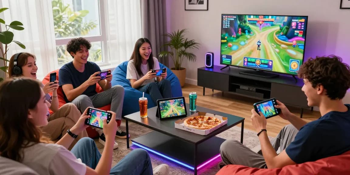 Engaged friends enjoying free mobile porn games in a lively gaming setup.