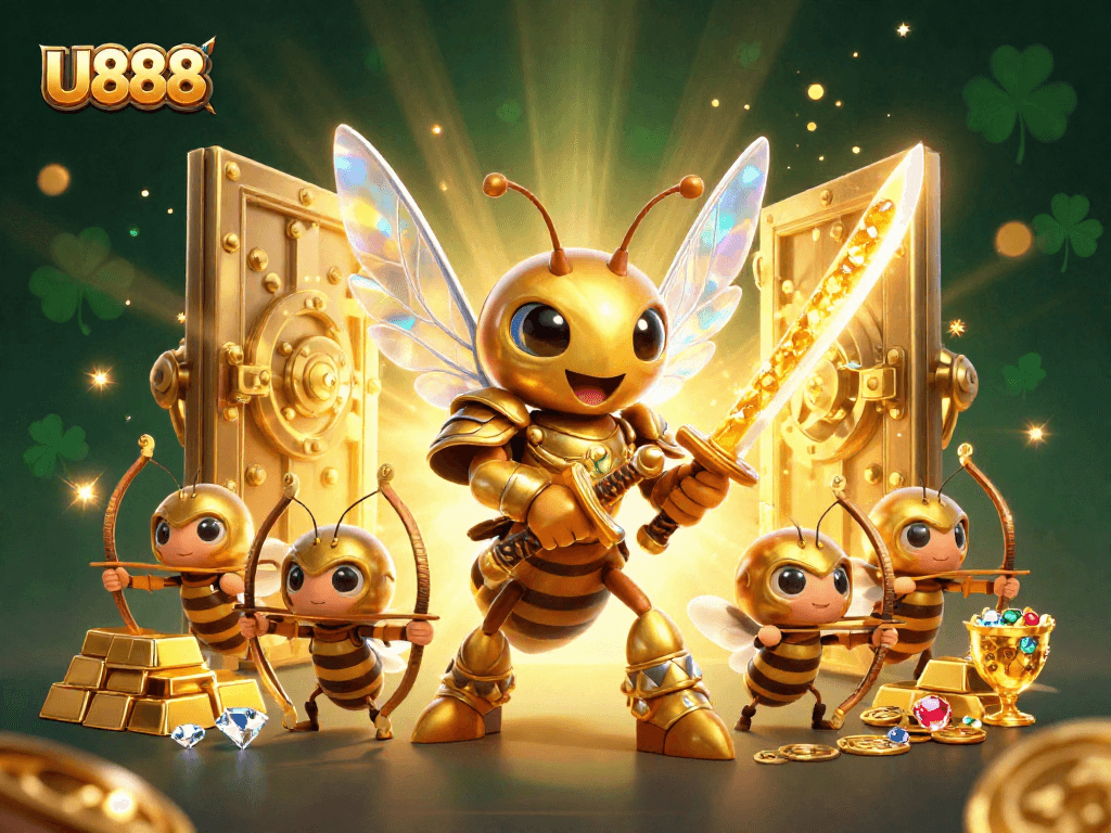 Experience the thrill of U888 as golden hornets battle amidst treasures for your next big win!