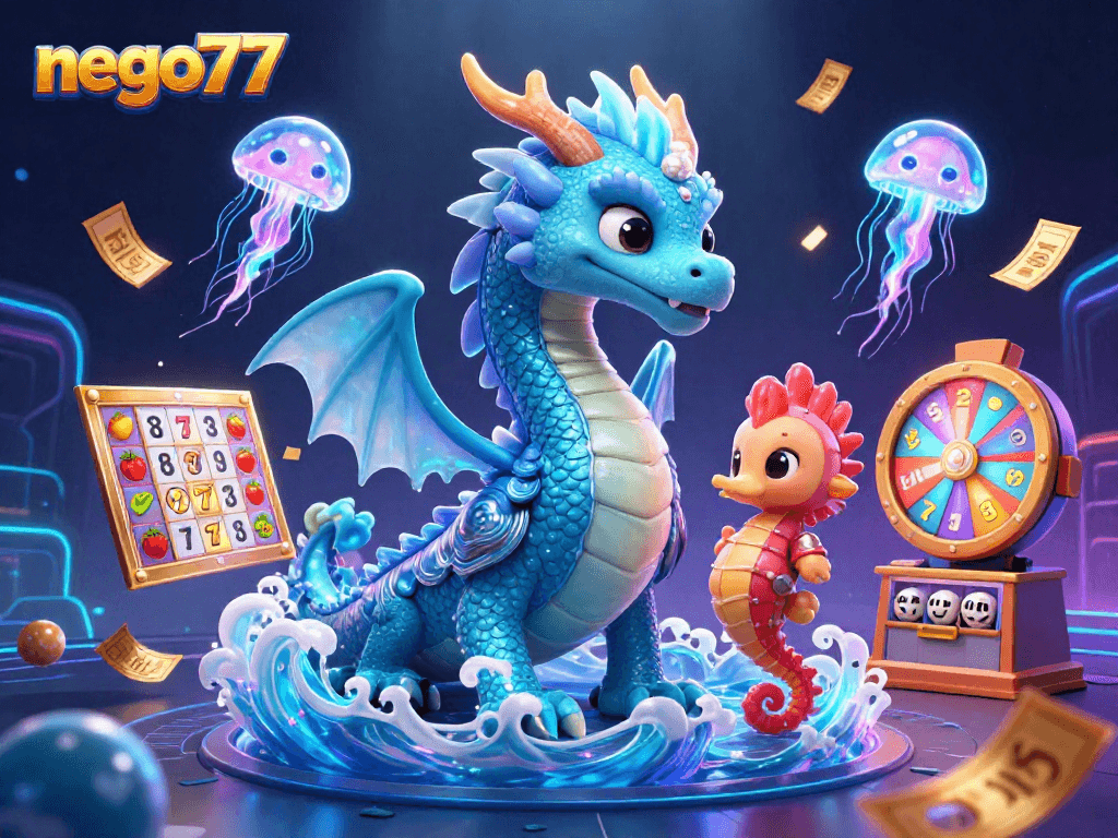 Experience the thrilling actions at nego77 with a vibrant mix of slot reels and casino elements.