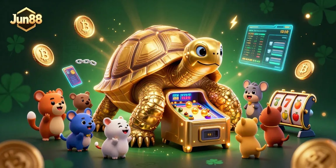 Experience the thrilling Jun88 gaming scene with animated golden tortoise, slot reels, and crypto elements