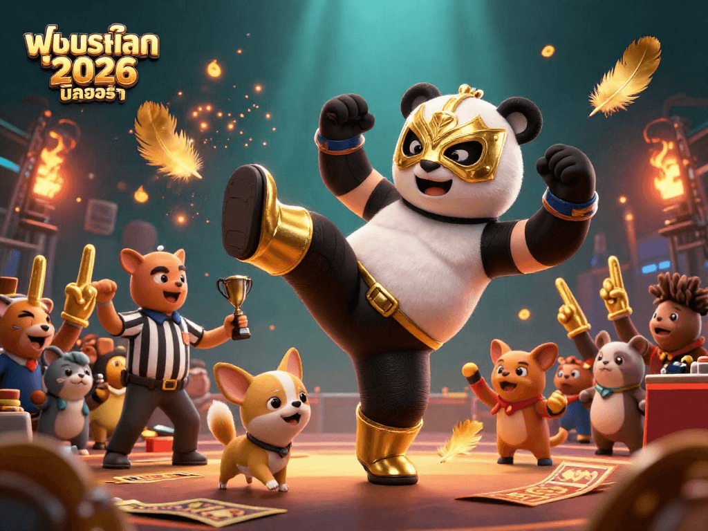 ภาพประกอบ 3D แสดงการแข่งขันฟุตบอลโลก 2026 นิวยอร์ก กับนักมวย Panda ในมาส์กทอง