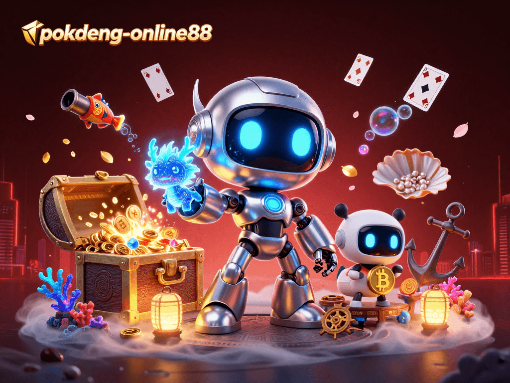 Experience thrilling gameplay with the pokdeng-online88 cyberpunk robot and AI dragon amidst dynamic treasure elements.