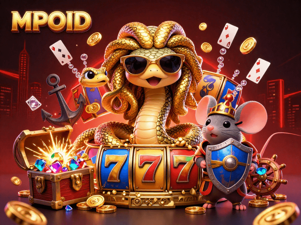 MPOID showcases a vibrant 3D casino scene featuring Medusa and a warrior mouse surrounded by slot machines and treasure.