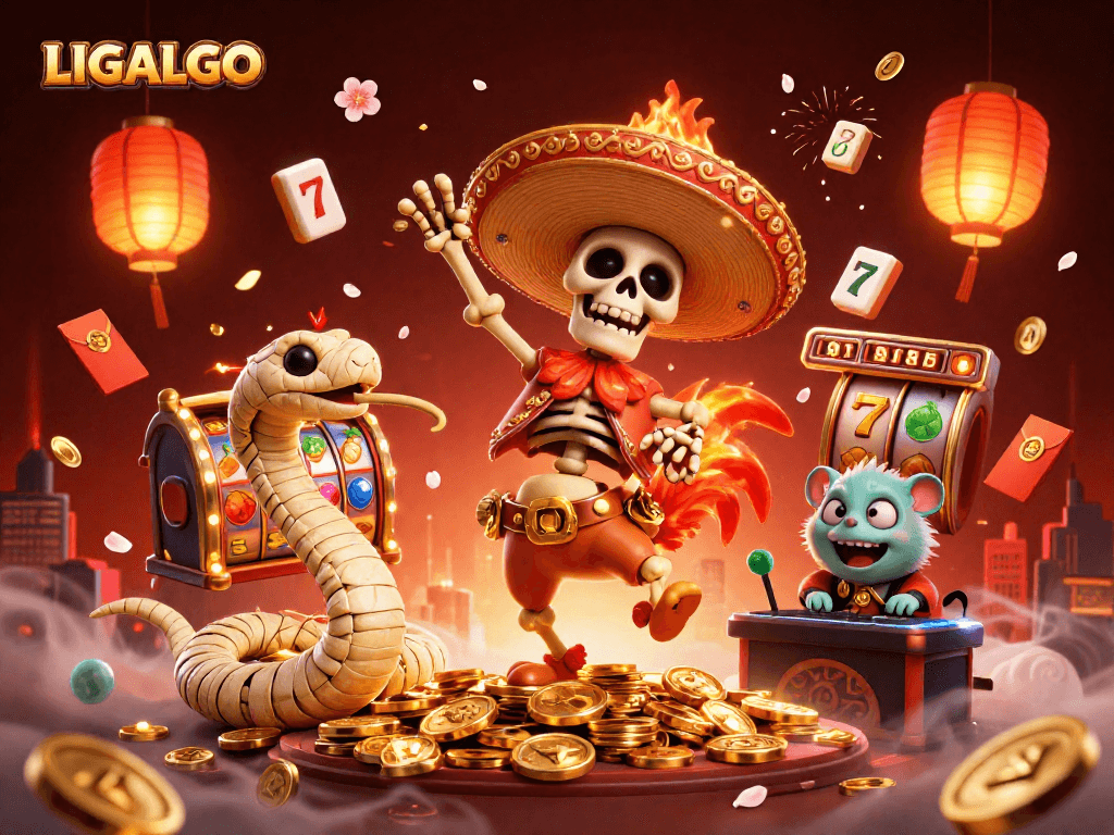 LIGALGO showcases a thrilling scene of a skeleton mariachi dancing on gold coins, featuring vibrant slot game elements.
