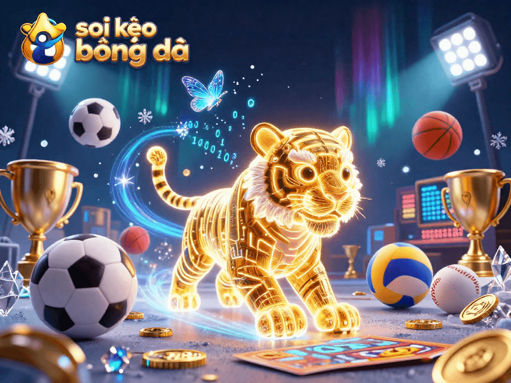 Experience soi kèo bóng đá with a vibrant illustration of a golden tiger in a dynamic digital casino.