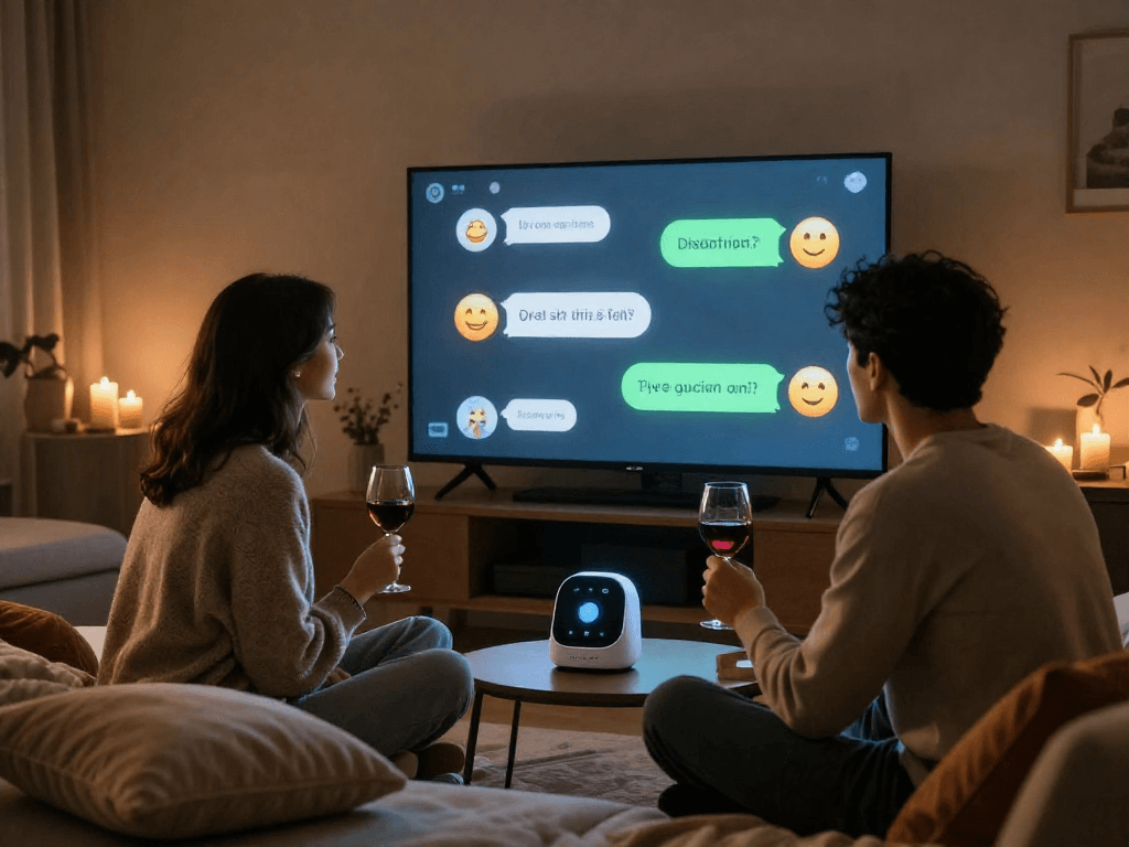 Engaging ai porn chat on smart screen in cozy living room.