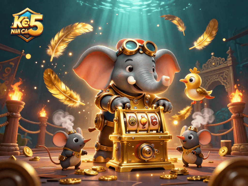 Kèo Nhà Cái 5 showcases a steampunk elephant operating a luxurious slot machine amidst vibrant casino elements.